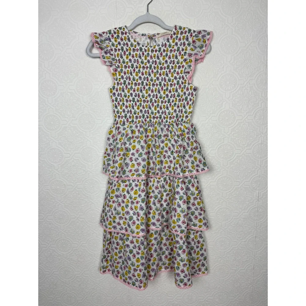 Mini Boden Girls Floral Smocked Tiered Lace Trim Dress White Pink 11-12Y NWT